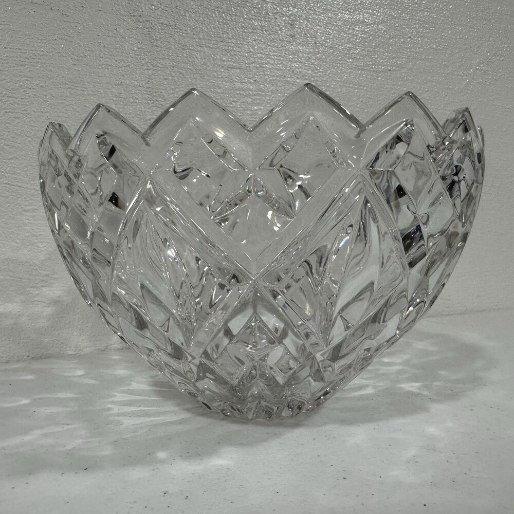 Vintage Crystal Diamond Bowl Criss-Cross Design Scalloped Rim Heavy Glass Dish